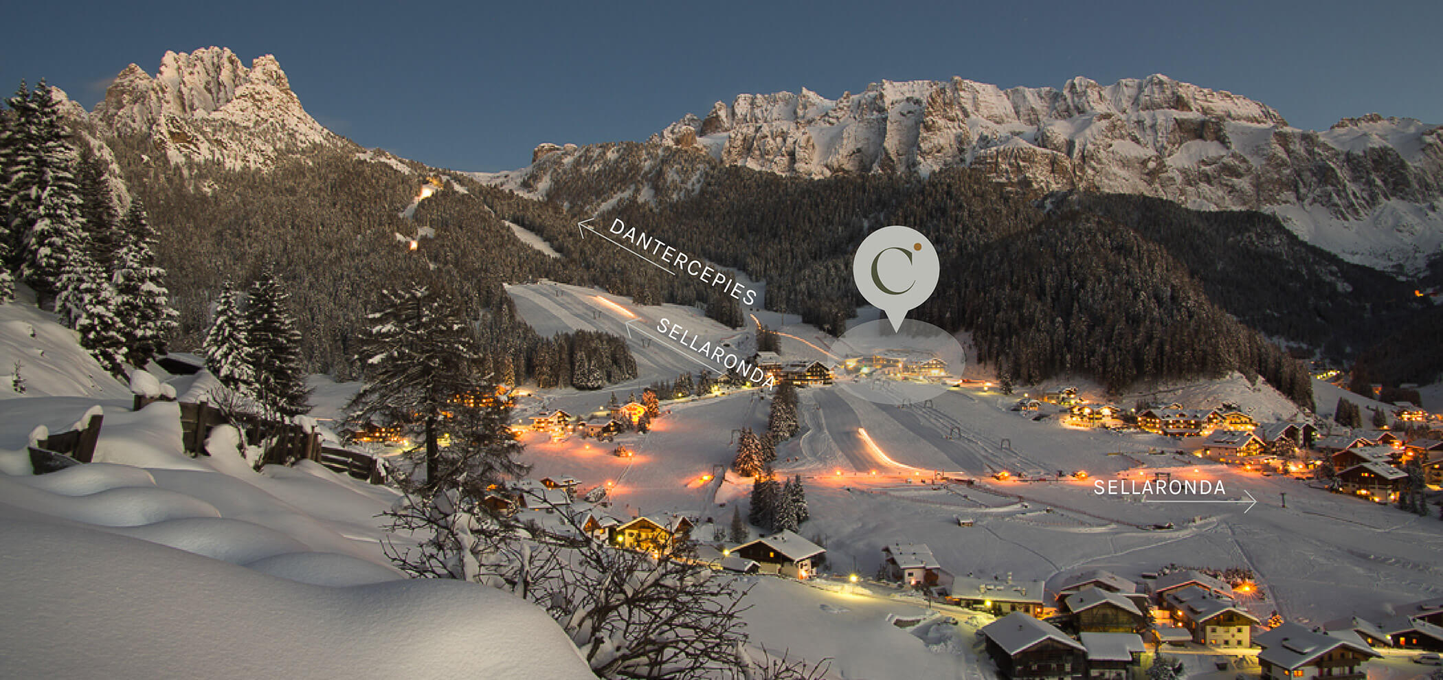 Selva di Gardena in winter with pin on the Hotel Continental